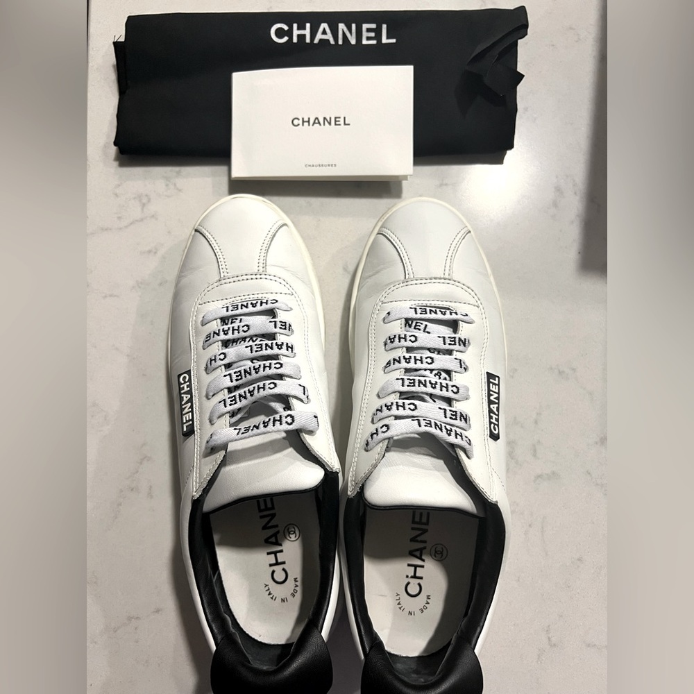 CHANEL Weekend Low Top White Logo Lace Sneakers 37